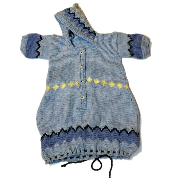 Blue and yellow knitted baby sack in great condition handmade, front button area - Picture 2 of 8